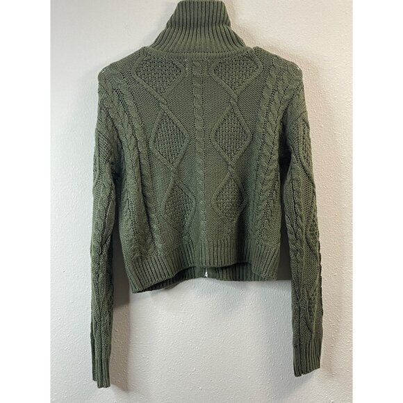 Olive Green Cropped Cable Knit Sweater With Diamond Pattern & Full Zipper - Picture 4 of 10